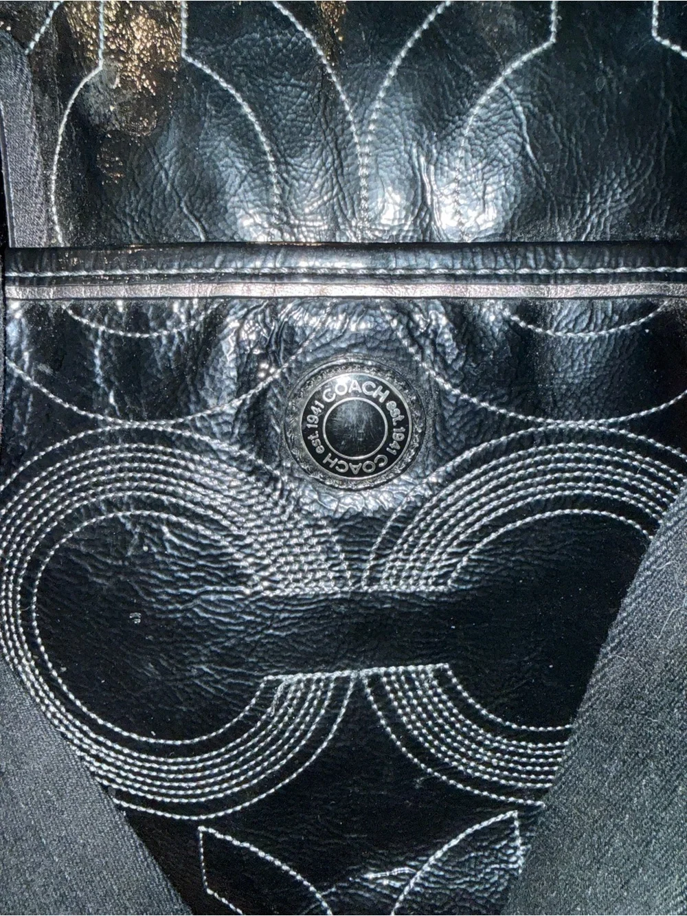 Coach Signature Patent Leather Diaper Bag Black Gray Tote Bag W/ Changing Pad